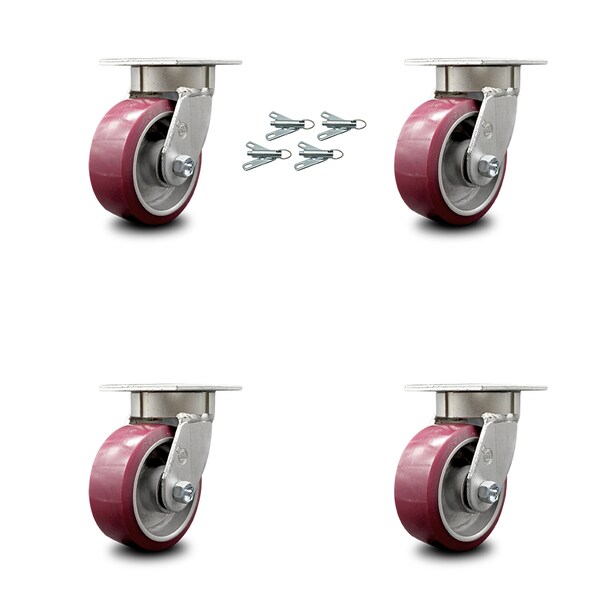 5 Inch Kingpinless Poly on Aluminum Wheel Swivel Caster Set with Swivel Locks
